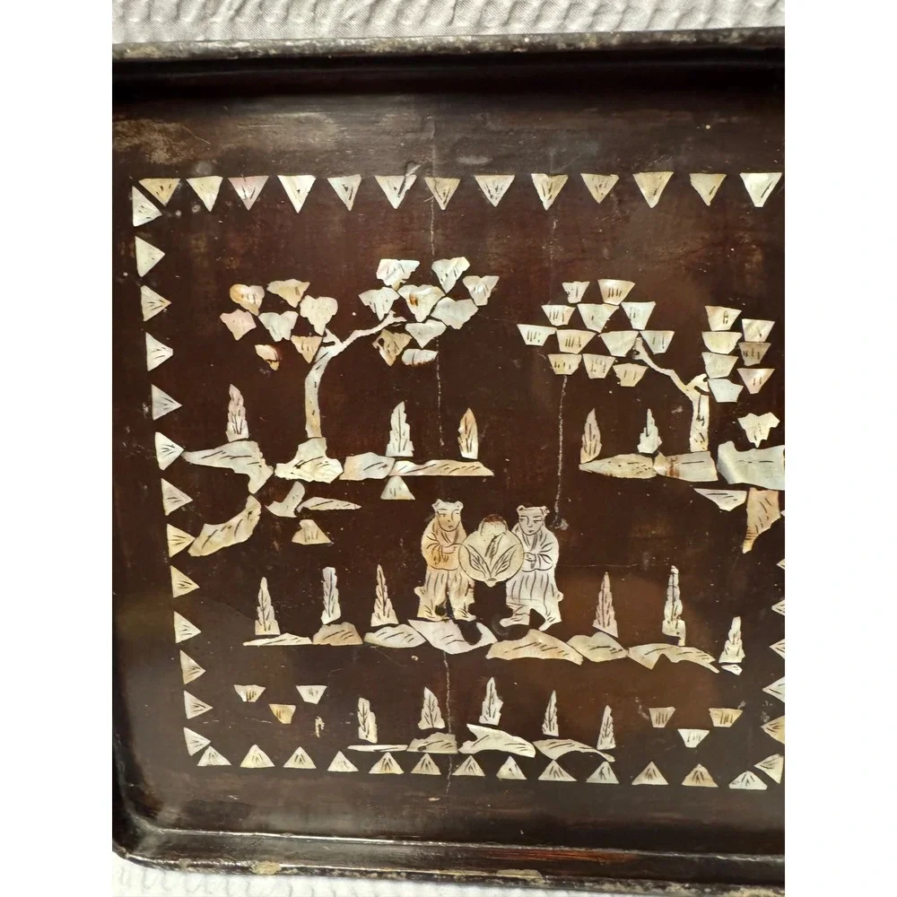 Antique Chinese Inlaid Mother of Pearl Wood Tray Tree People Figure 9.25 x 9.25
